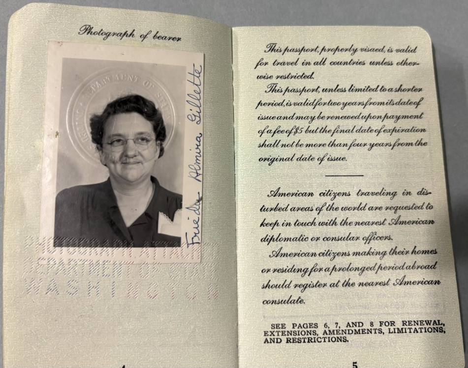 Passport Page with Close-Up Photo of Frieda Gillette